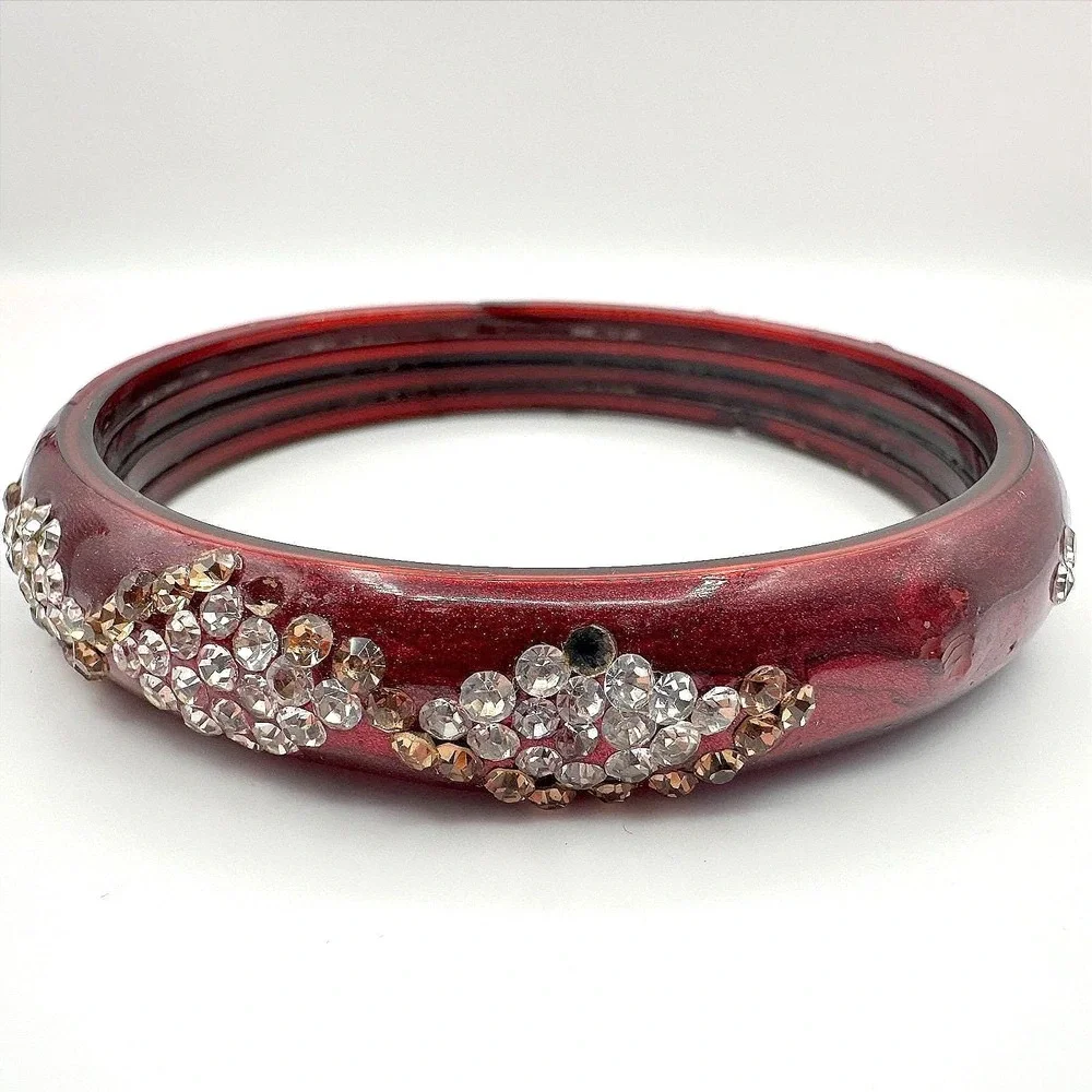 Vintage Red‎ Lucite Bangle Bracelet Rhinestone Sparkly Chunky Maroon Resin Retro